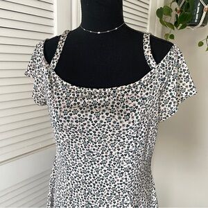 Italian Y2K White Floral Cold-Shoulder Sundress with Blue & Black Flowers